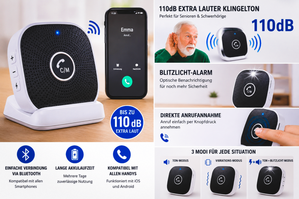 110db handy klingelton verstärker & blitzlicht für senioren & schwerhörige externe klingel für handy via bluetooth direkte anrufannahme 3 modi telefon verstärker