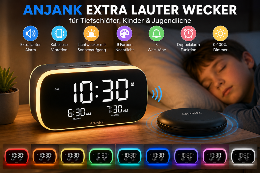 ANJANK Lichtwecker mit Vibrationskissen für Tiefschläfer. Extra lauter Wecker mit Sonnenaufgangslicht, 9 Nachtlichtfarben, LED-Display, Doppelalarm und individuell einstellbarer Lautstärke.