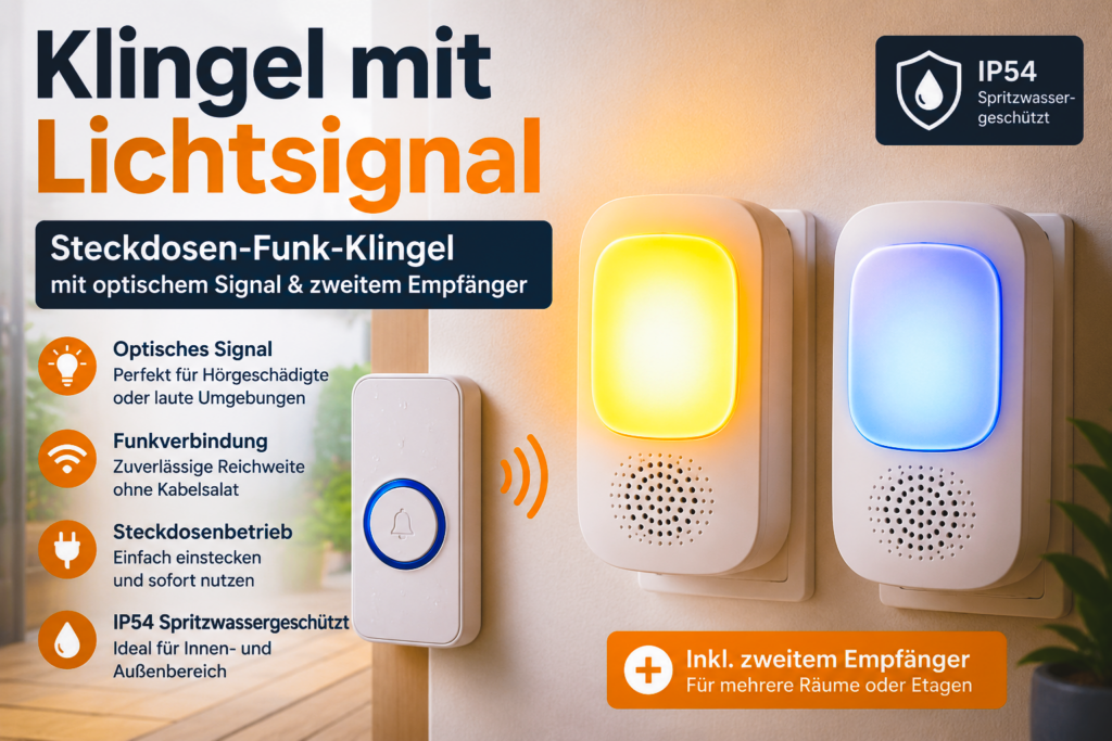 7 Alltagshilfen für Menschen mit Hörverlust nach einem Unfall Steckdosen-Funk-Klingel mit Lichtsignal, zwei Empfängern und wetterfestem IP54-Klingeltaster – kabellose Türklingel mit optischem LED-Signal für Haus und Wohnung.