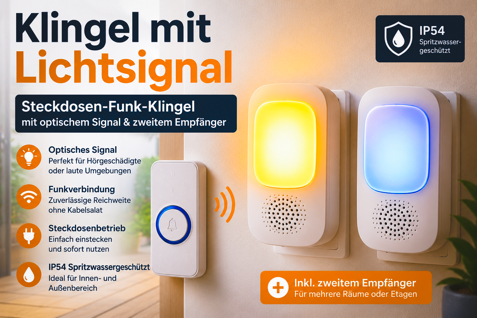 Steckdosen-Funk-Klingel mit Lichtsignal, zwei Empfängern und wetterfestem IP54-Klingeltaster – kabellose Türklingel mit optischem LED-Signal für Haus und Wohnung.